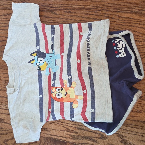 Bluey Other - Bluey - Bluey and Bingo Short Sleeve Tee And Shorts - Red & Blue Stripes - 3T